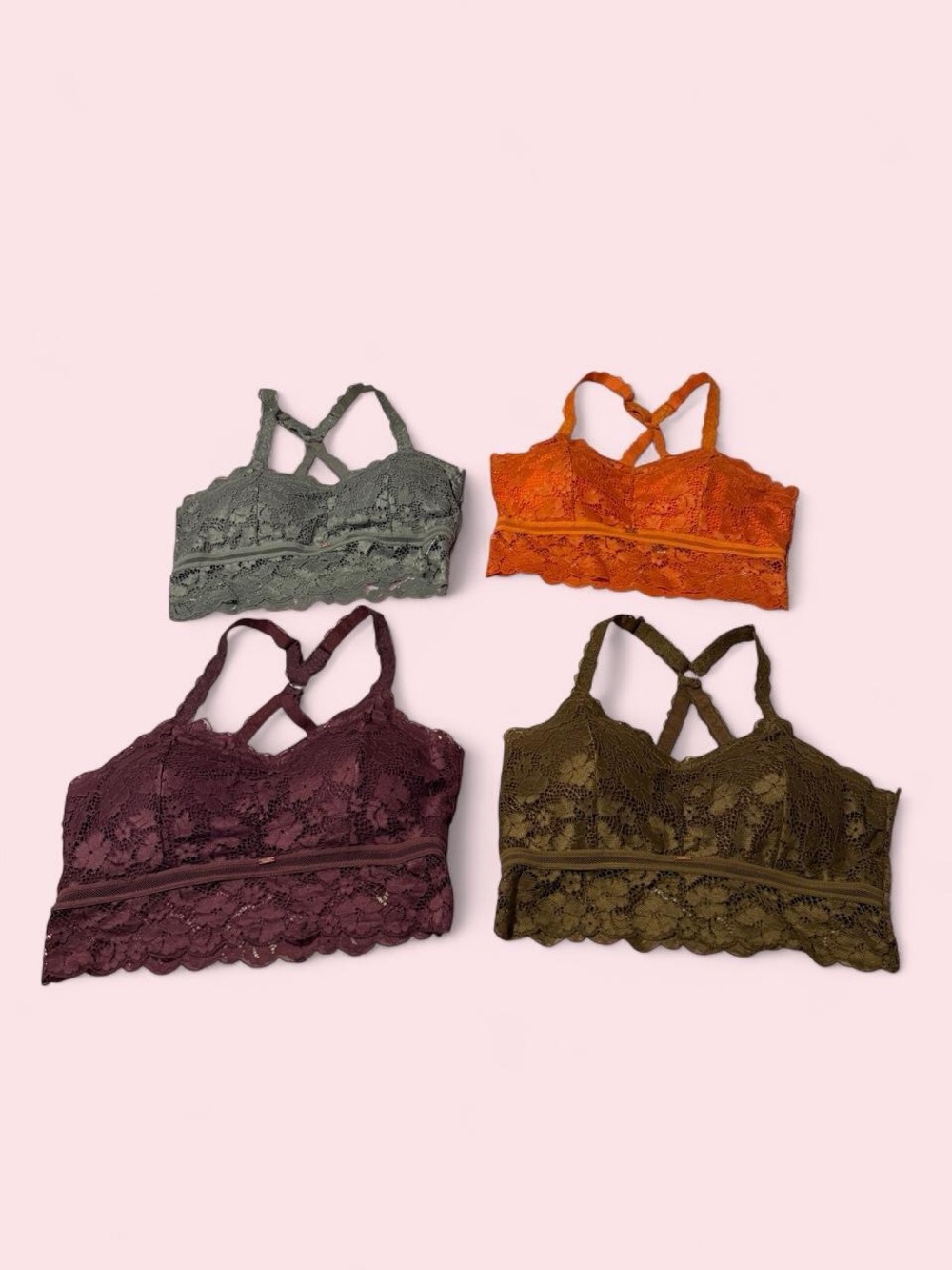 Lace Crossback Bralette set of 4 in gray, Rust, Mauve & brown